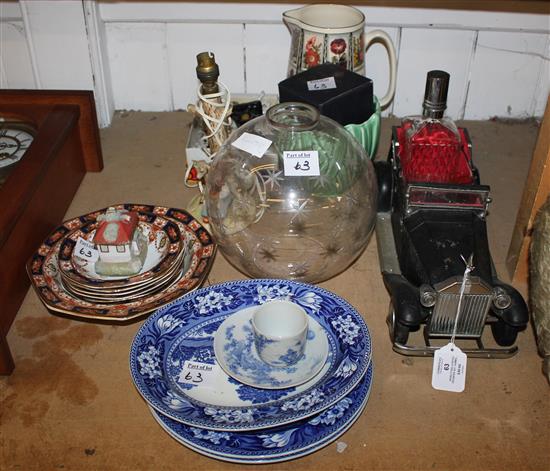 Novelty Rolls Royce decanter set, Hummel lamp and 3 blue & white plates etc